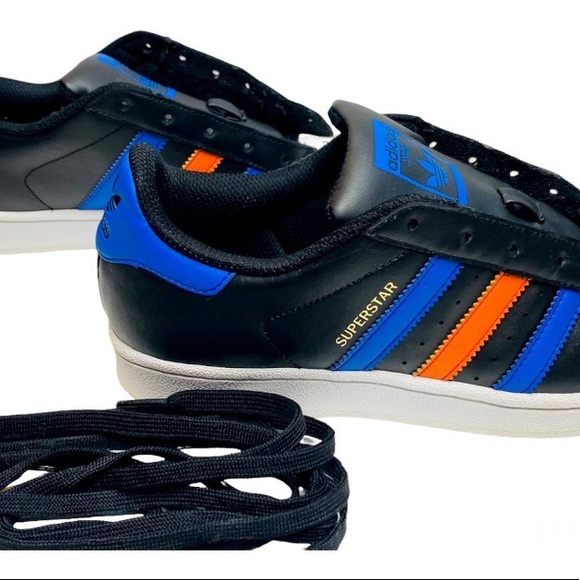 Adidas Superstar Sneakers. Colors: Black, Blue, Orange with gold Superstar logo. - Picture 4 of 5